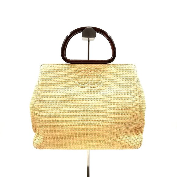 Authentic CHANEL Vintage Raffia Tote Woven Straw Shoulder Bag Wooden Ring Beige - Picture 4 of 12